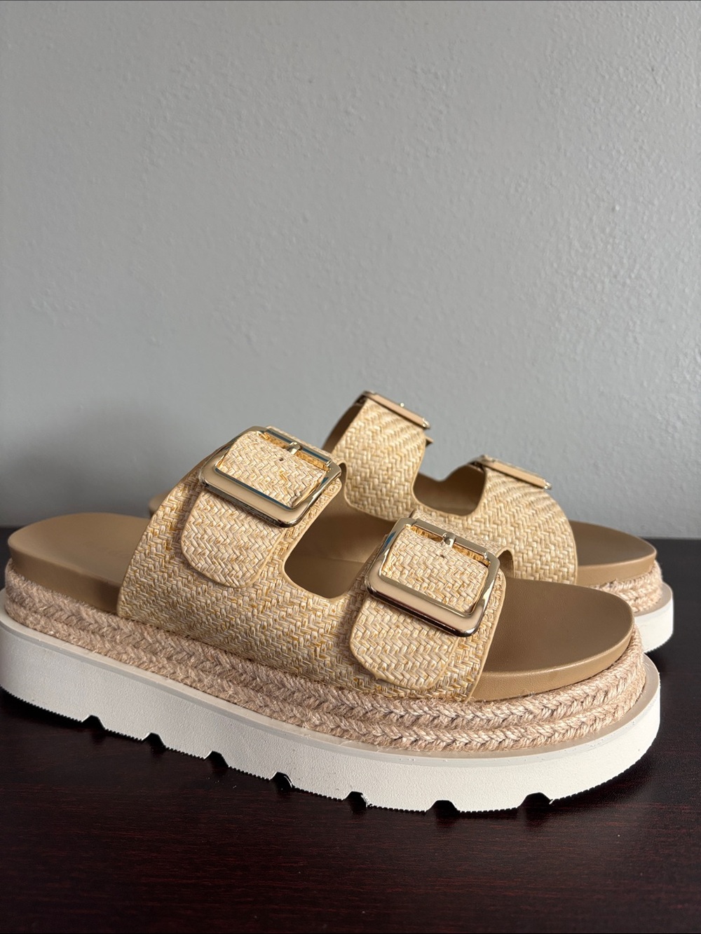 Madden Girl Natural Beige Woven Double-Buckle Platform Mules - Picture 8 of 12
